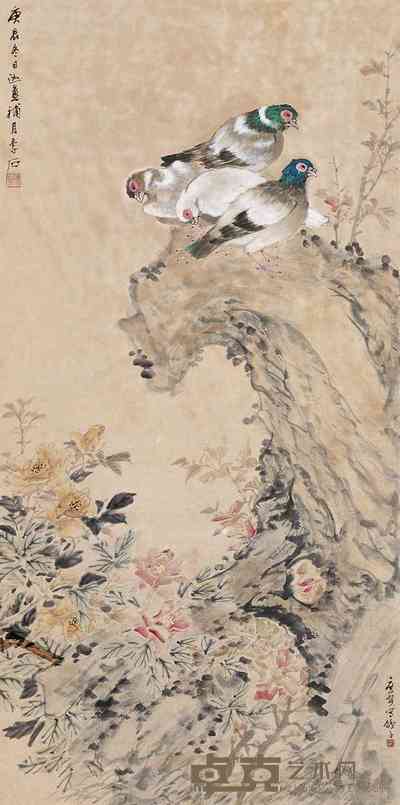 陈摩 洪庶安 1940年作 花鸟 立轴 108×54cm